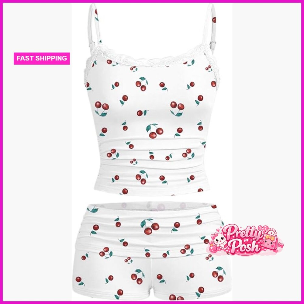 Sexy Pajama Set 2 Piece Lace Trim Cami Crop Top and Ruched Shorts